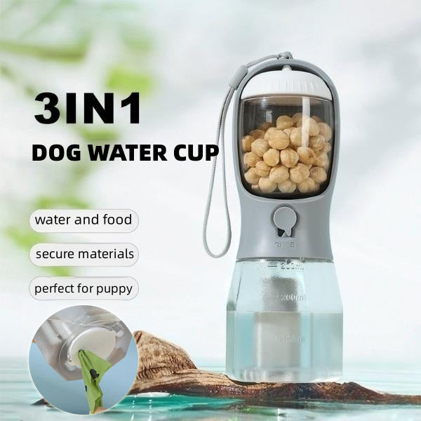 Borraccia Portatile 3 in 1 per Cani: Acqua, Snack e Porta Sacchetti