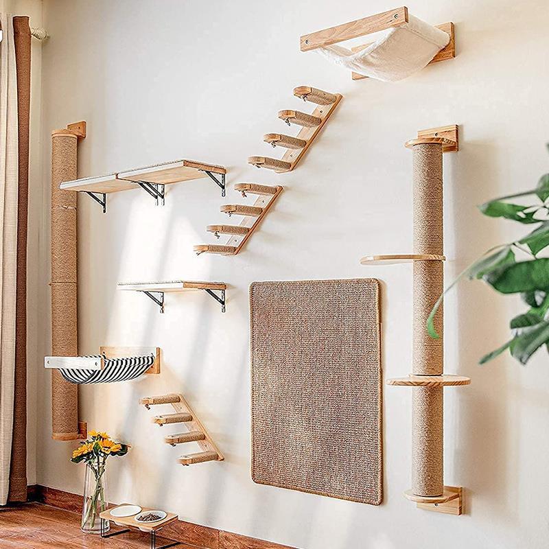 🧗‍♂️🐈 Colonna Tiragraffi Sospesa da Parete in Legno e Corda - Salva spazio e Modulare!