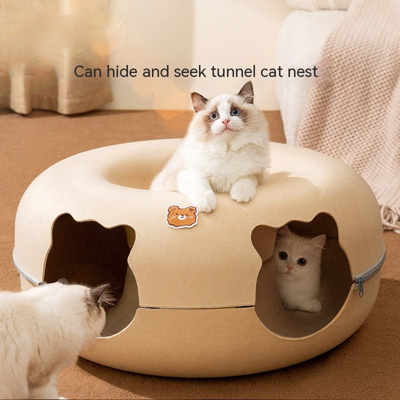 🍩🐈 Cuccia Tunnel a Ciambella in Feltro con Zip - Il Nascondiglio Perfetto per il tuo Gatto!